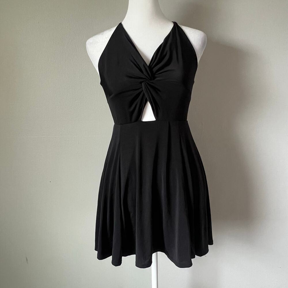 Lucy‎ in the Sky Front Knot Black Backless Skater Dress Size M Mini Strappy Back